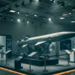 Maquette du missile FP-5 Flamingo exposée sur un stand d’armement lors d’un salon international, présentée comme un leurre.