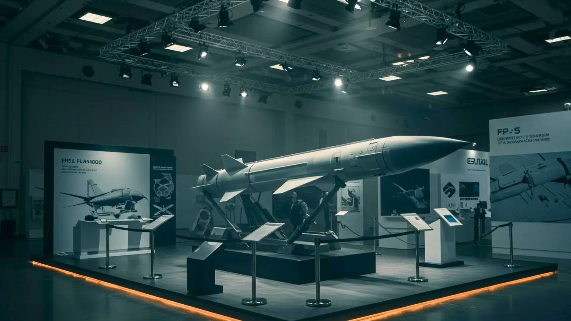 Maquette du missile FP-5 Flamingo exposée sur un stand d’armement lors d’un salon international, présentée comme un leurre.