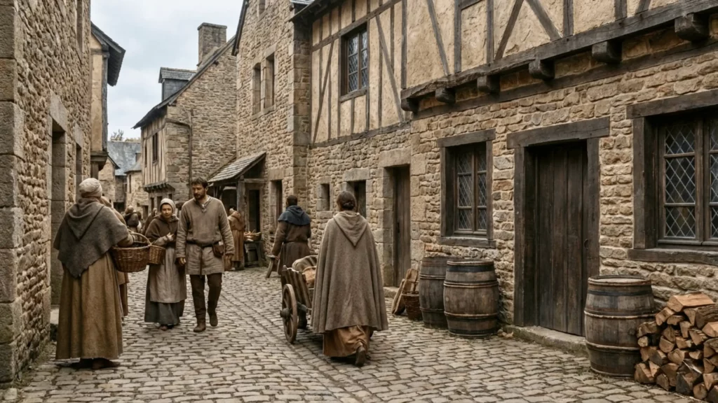 Scène de rue dans un village médiéval avec maisons en pierre et à colombages, passants en vêtements d’époque, charrette et tonneaux.