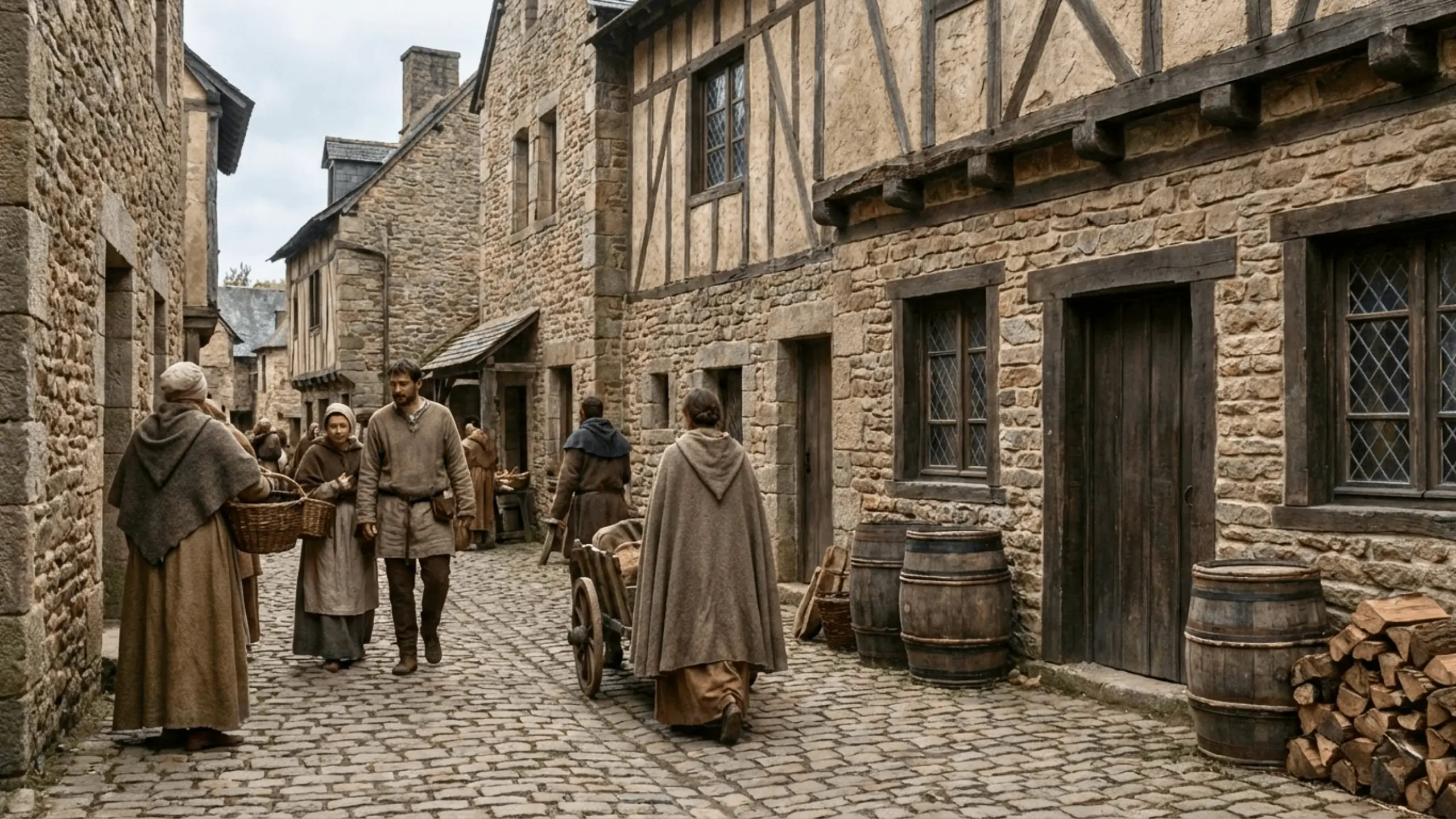 Scène de rue dans un village médiéval avec maisons en pierre et à colombages, passants en vêtements d’époque, charrette et tonneaux.