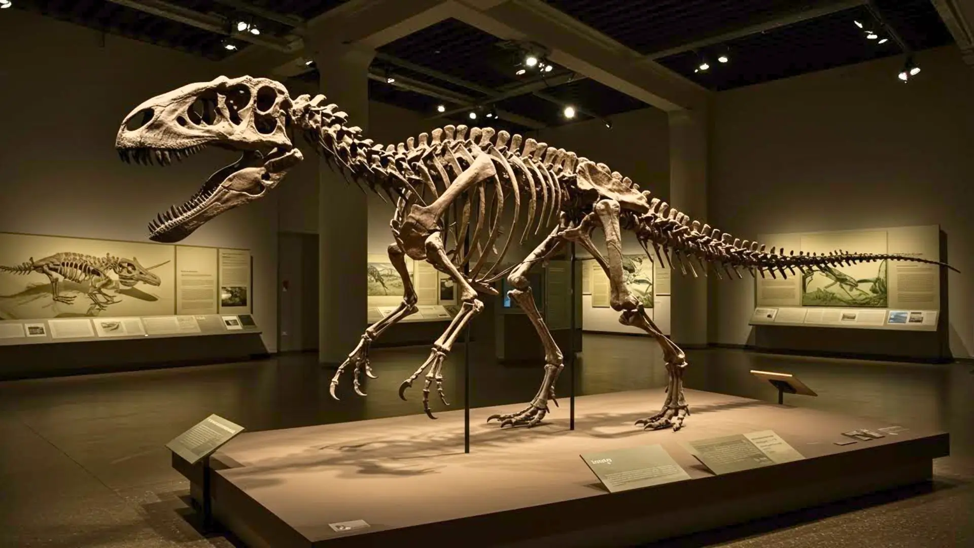 Squelette complet de Nanotyrannus exposé dans une galerie de musée