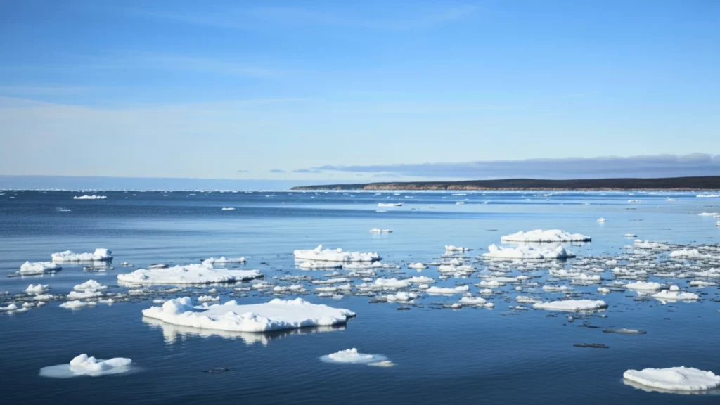 Vue d’une mer froide avec morceaux de glace et plaques de banquise flottantes, sous un ciel bleu, avec une côte au loin.