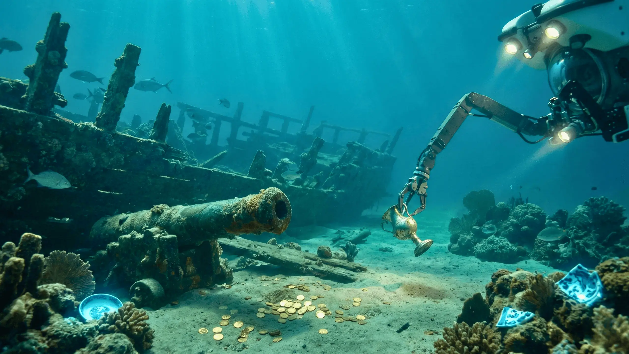 Robot sous-marin récupérant une coupe près d’une épave entourée de pièces d’or et d’objets anciens.