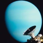 Sonde Voyager 2 passant devant le disque bleu pâle de la planète Uranus dans l’espace profond.