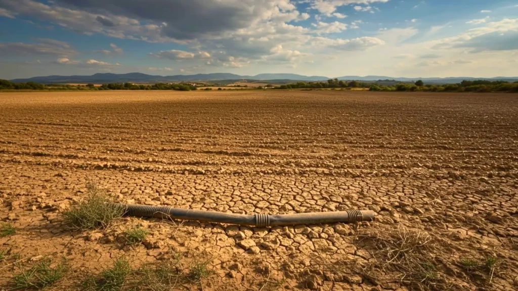 Champ totalement asséché avec sol craquelé sous un ciel partiellement nuageux, représentant l’impact de la sécheresse et du changement climatique en Europe.