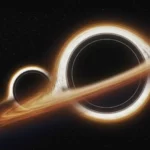 Illustration de deux trous noirs en fusion entourés d’un disque lumineux d’accrétion dans l’espace.