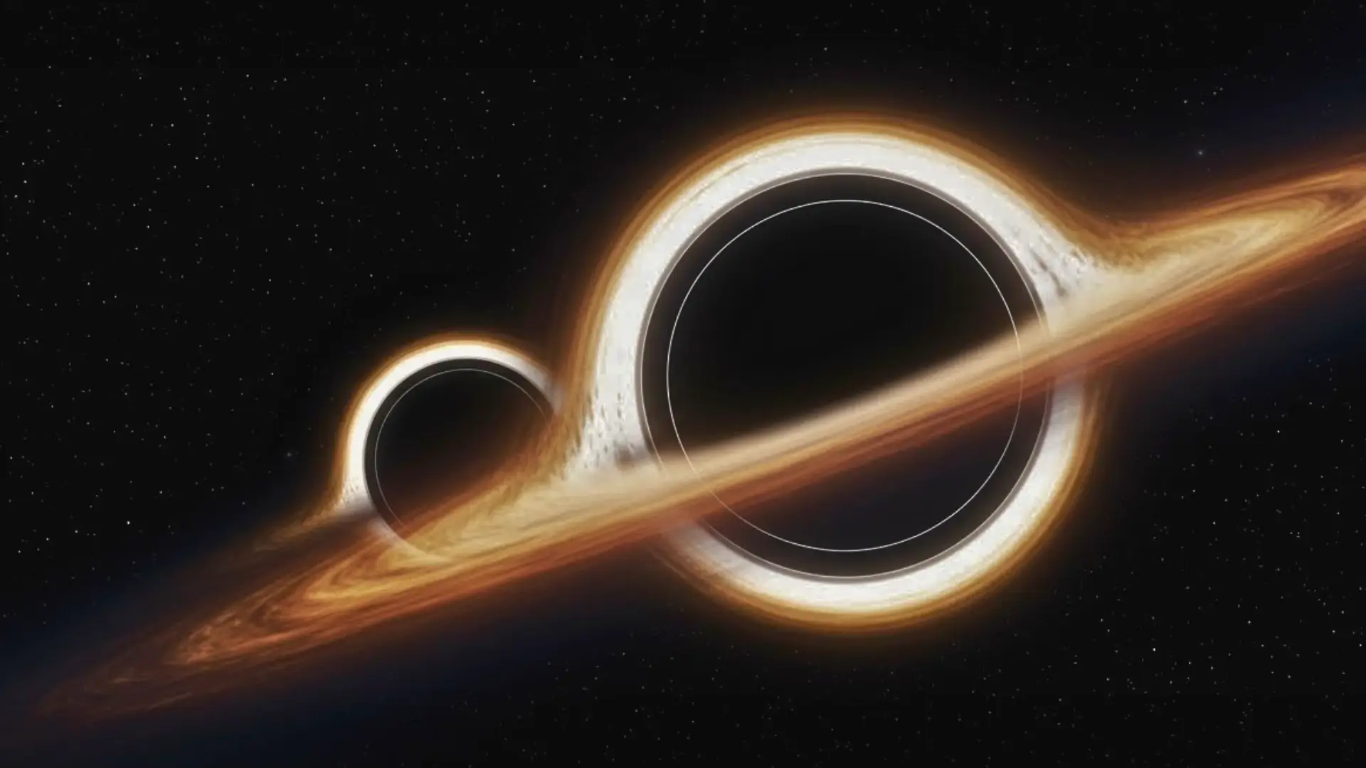 Illustration de deux trous noirs en fusion entourés d’un disque lumineux d’accrétion dans l’espace.