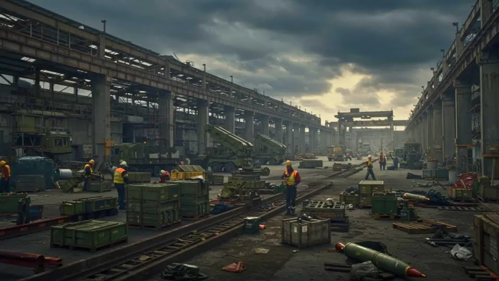 Ouvriers travaillant dans une vaste usine d’armement avec véhicules militaires, caisses de munitions et équipements lourds en cours de production.