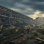 Ouvriers travaillant dans une vaste usine d’armement avec véhicules militaires, caisses de munitions et équipements lourds en cours de production.