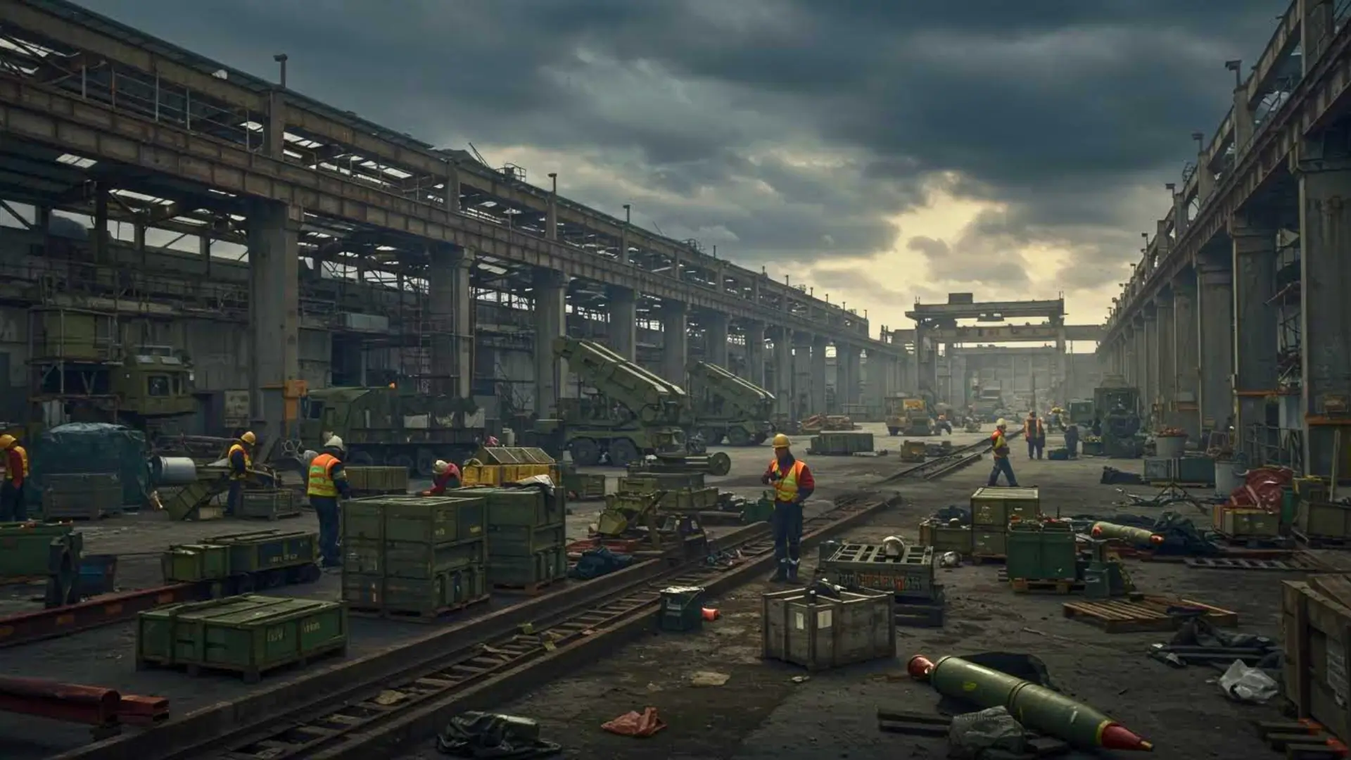 Ouvriers travaillant dans une vaste usine d’armement avec véhicules militaires, caisses de munitions et équipements lourds en cours de production.