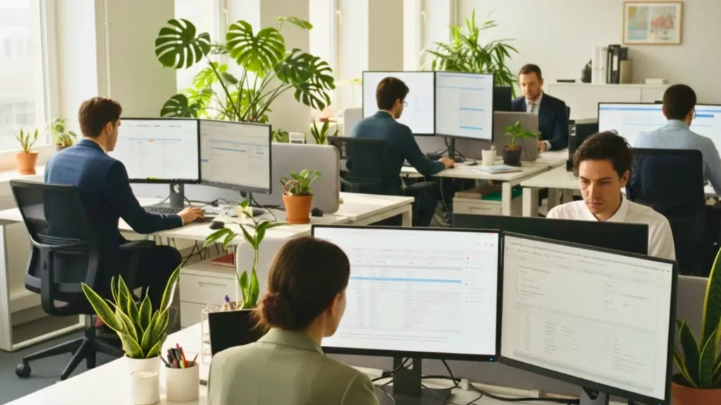 Employés travaillant dans un open space moderne avec des outils numériques et des solutions d’IA intégrées aux postes de travail