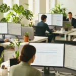 Employés travaillant dans un open space moderne avec des outils numériques et des solutions d’IA intégrées aux postes de travail