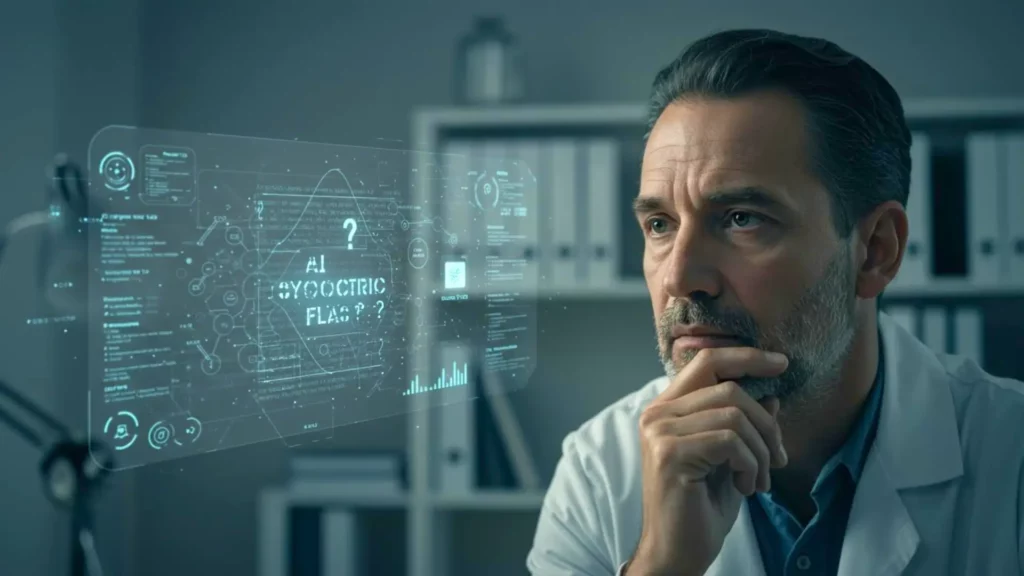 Médecin observant une interface holographique d’intelligence artificielle pour le diagnostic psychiatrique.