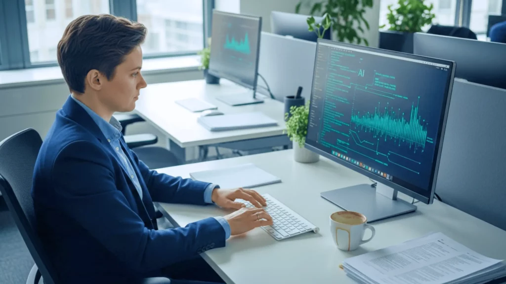 Analyste en entreprise travaillant sur un ordinateur affichant des données liées à l’intelligence artificielle.
