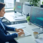 Analyste en entreprise travaillant sur un ordinateur affichant des données liées à l’intelligence artificielle.