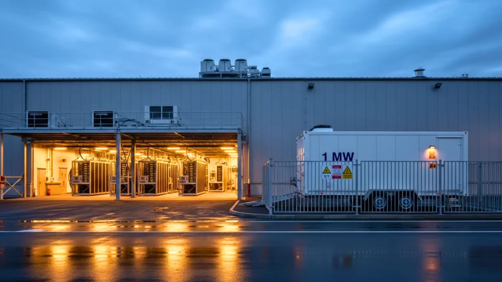 Site industriel au crépuscule avec bâtiments éclairés et conteneur électrique marqué “1 MW”, derrière une grille de sécurité sur sol mouillé.
