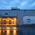 Site industriel au crépuscule avec bâtiments éclairés et conteneur électrique marqué “1 MW”, derrière une grille de sécurité sur sol mouillé.