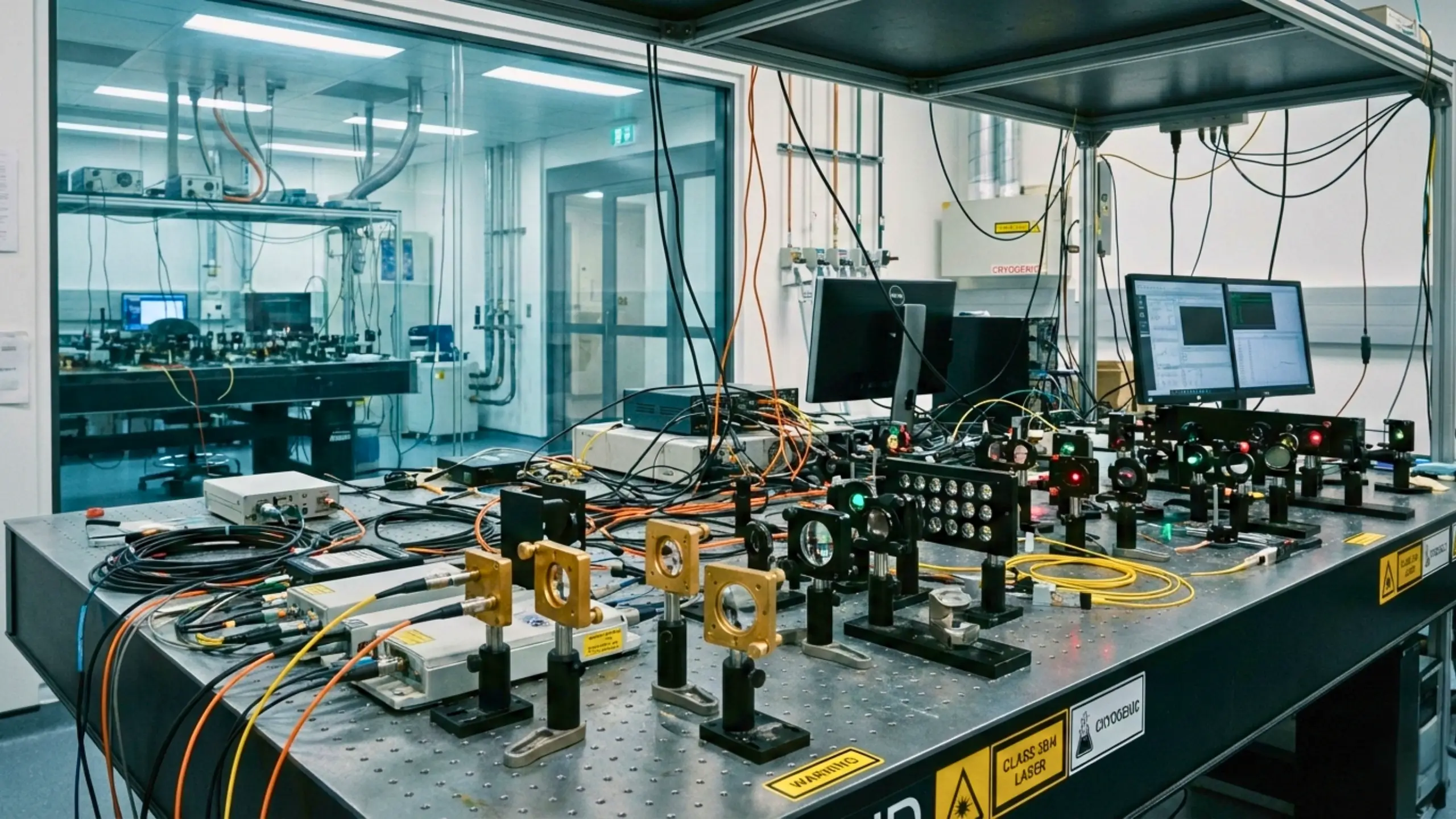 Banc expérimental de physique quantique avec lasers, fibres optiques et instruments de mesure utilisé pour une expérience de téléportation quantique