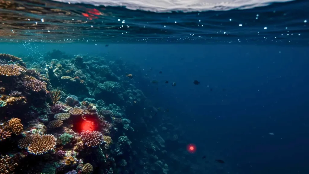 Récif corallien sous-marin avec poissons et mystérieuse lueur rouge évoquant les changements climatiques dans l’océan.