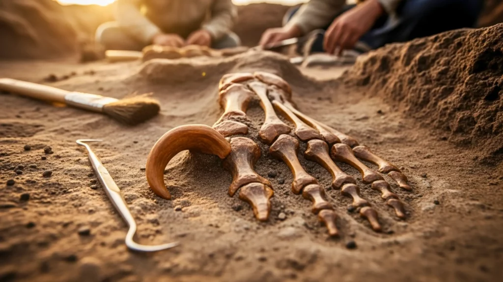 Pied fossile avec une grande griffe découvert lors d’une fouille paléontologique dans le sable.