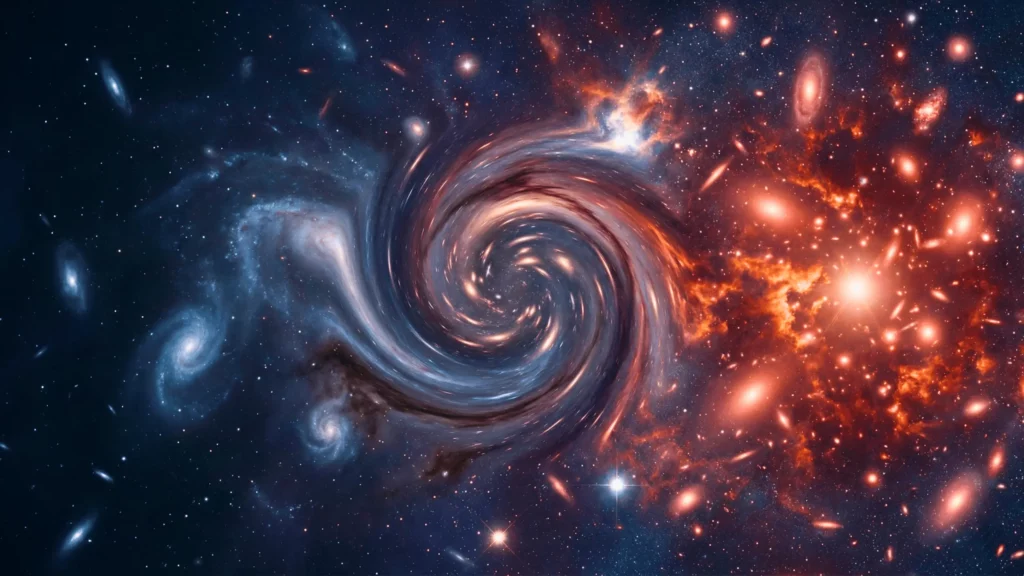 Tourbillon galactique mêlant gaz bleus et nuages rouges dans l’espace profond, illustrant un phénomène cosmique spectaculaire.