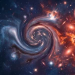 Tourbillon galactique mêlant gaz bleus et nuages rouges dans l’espace profond, illustrant un phénomène cosmique spectaculaire.