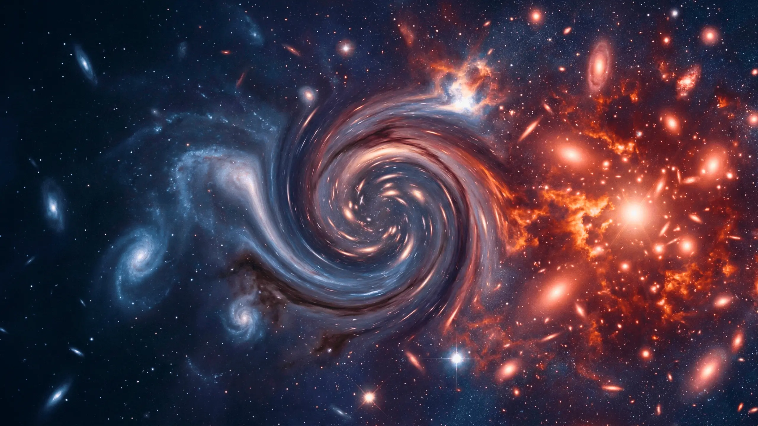 Tourbillon galactique mêlant gaz bleus et nuages rouges dans l’espace profond, illustrant un phénomène cosmique spectaculaire.