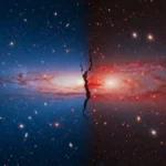 Illustration de la tension de Hubble montrant un Univers divisé en deux zones symbolisant des vitesses d’expansion cosmique différentes