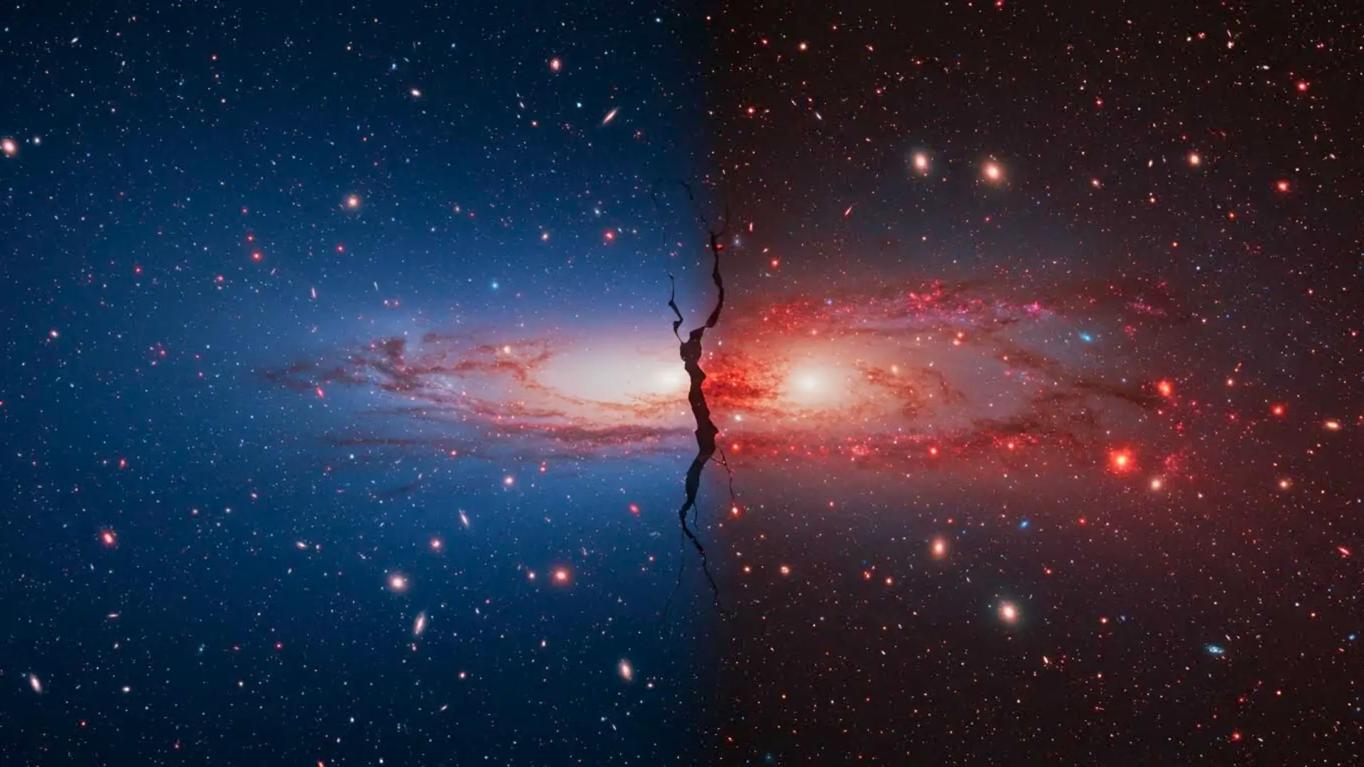 Illustration de la tension de Hubble montrant un Univers divisé en deux zones symbolisant des vitesses d’expansion cosmique différentes