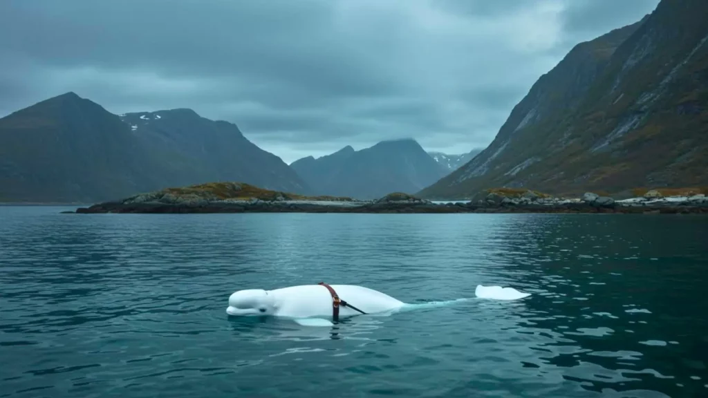 Béluga Hvaldimir flottant dans les eaux norvégiennes avec un harnais, entouré de montagnes sous un ciel nuageux.