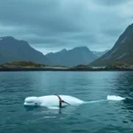 Béluga Hvaldimir flottant dans les eaux norvégiennes avec un harnais, entouré de montagnes sous un ciel nuageux.