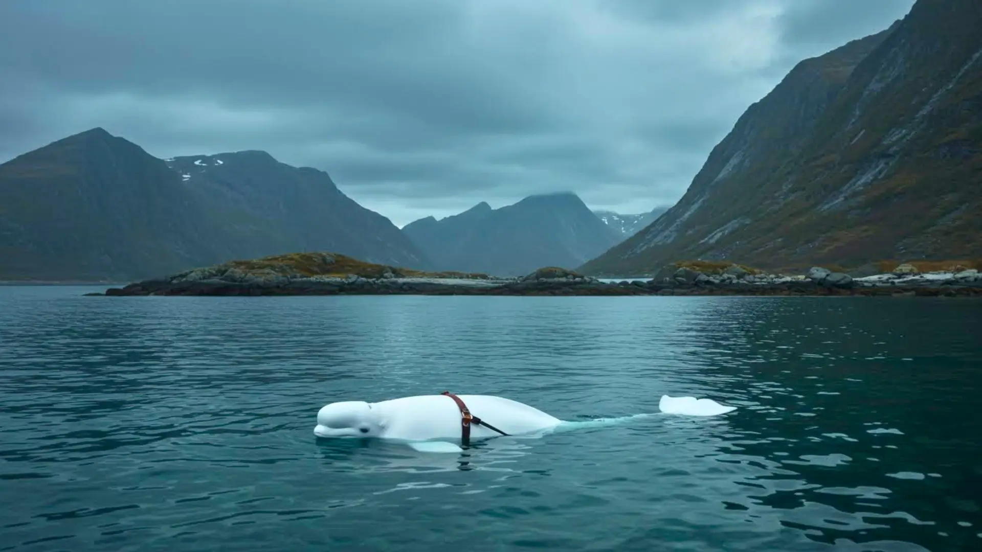 Béluga Hvaldimir flottant dans les eaux norvégiennes avec un harnais, entouré de montagnes sous un ciel nuageux.