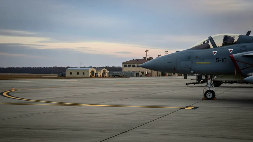 Avion de chasse gris stationné sur le tarmac d’une base aérienne, avec bâtiments militaires au fond sous un ciel nuageux.