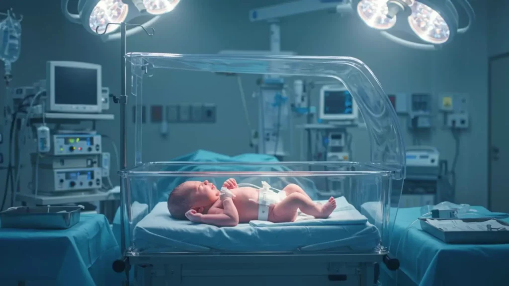 Nouveau-né allongé dans un berceau médical transparent en salle d’accouchement après une césarienne
