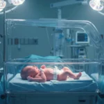 Nouveau-né allongé dans un berceau médical transparent en salle d’accouchement après une césarienne