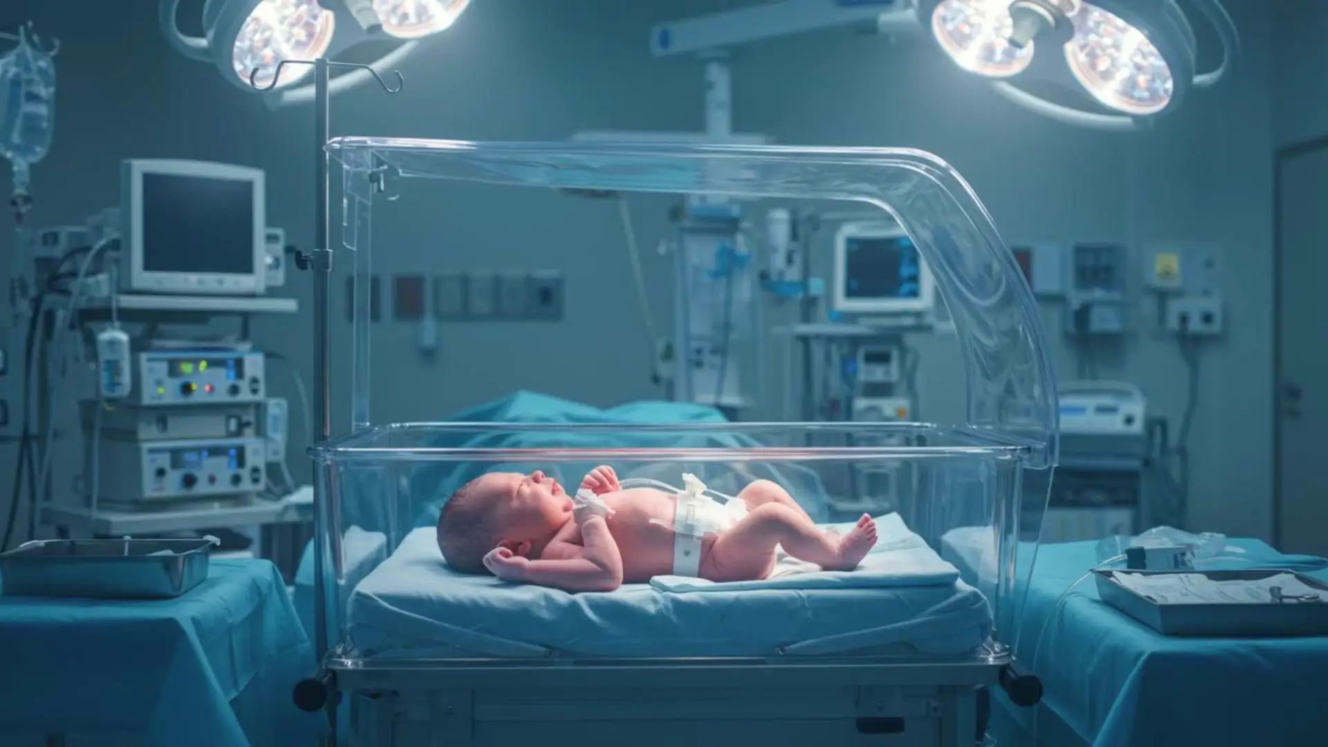Nouveau-né allongé dans un berceau médical transparent en salle d’accouchement après une césarienne