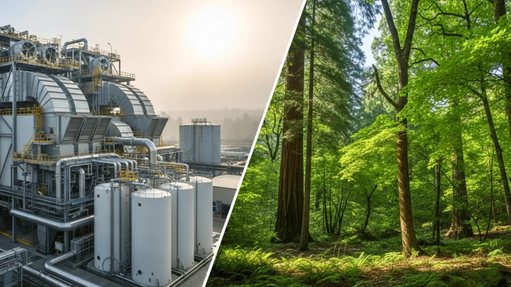 Comparaison visuelle entre une installation industrielle moderne et une forêt verdoyante pour symboliser les enjeux écologiques.