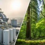 Comparaison visuelle entre une installation industrielle moderne et une forêt verdoyante pour symboliser les enjeux écologiques.