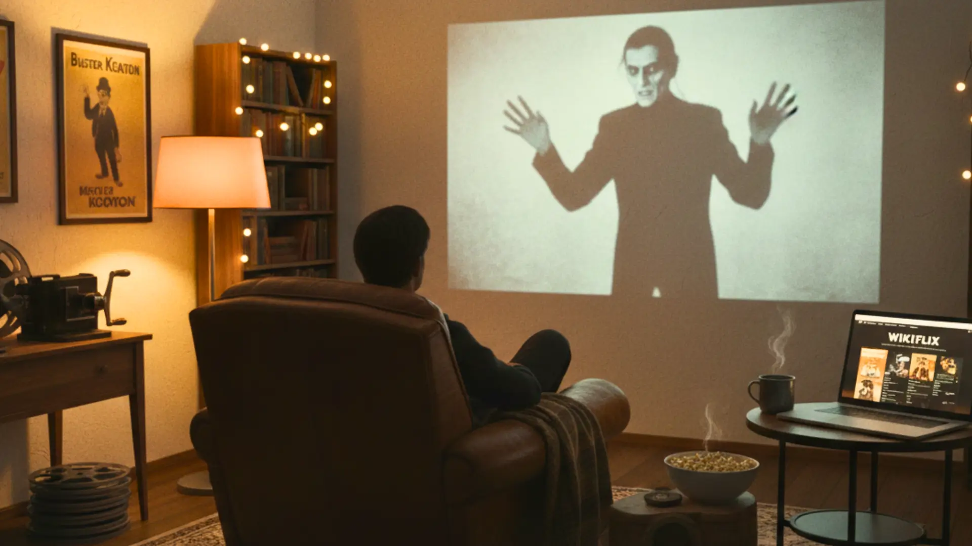 Spectateur regardant le film Nosferatu projeté sur un mur dans un salon, illustrant le streaming gratuit de films classiques sur Wikiflix