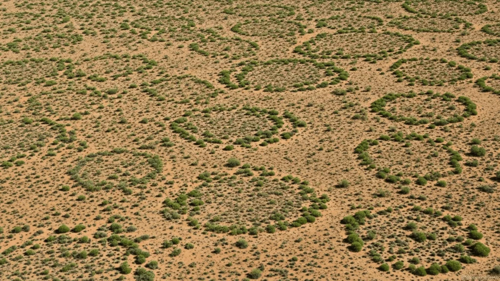 Vue aérienne de cercles de végétation formant des motifs réguliers dans une zone désertique semi-aride