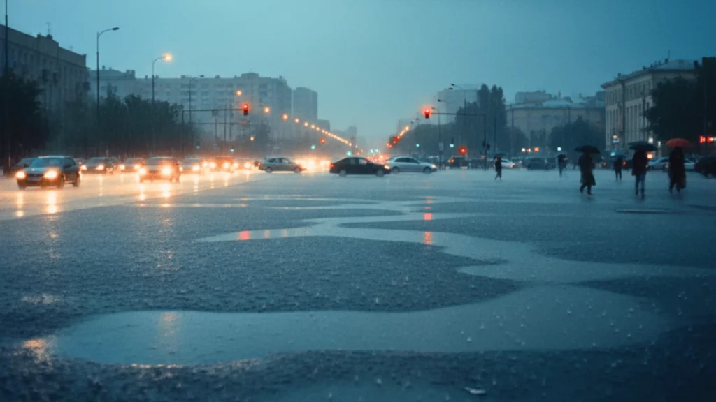 Paysage urbain d'une rue de ville la nuit sous une pluie battante. La chaussée mouillée est parsemée de flaques d'eau qui reflètent les phares des voitures en circulation et les feux de signalisation rouges. Plusieurs piétons avec des parapluies traversent la rue, ajoutant à l'atmosphère de mauvais temps en centre-ville.