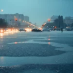 Paysage urbain d'une rue de ville la nuit sous une pluie battante. La chaussée mouillée est parsemée de flaques d'eau qui reflètent les phares des voitures en circulation et les feux de signalisation rouges. Plusieurs piétons avec des parapluies traversent la rue, ajoutant à l'atmosphère de mauvais temps en centre-ville.