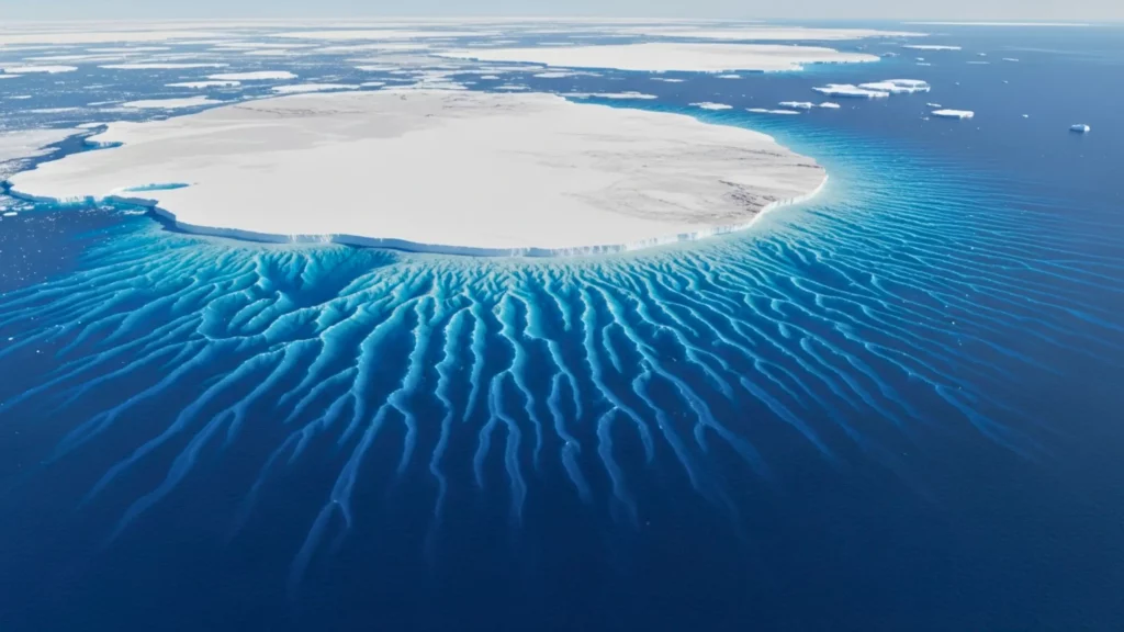 Vue aérienne d’une plateforme de glace en Antarctique montrant des canyons sous-marins visibles par les reliefs de l’eau en bordure de la calotte