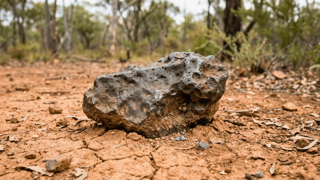 Gros plan sur une météorite noire et rocheuse posée sur un sol sec et craquelé dans le bush australien.