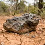 Gros plan sur une météorite noire et rocheuse posée sur un sol sec et craquelé dans le bush australien.
