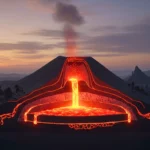 Schéma d’un volcan en coupe montrant la chambre magmatique, les conduits et la lave en éruption.