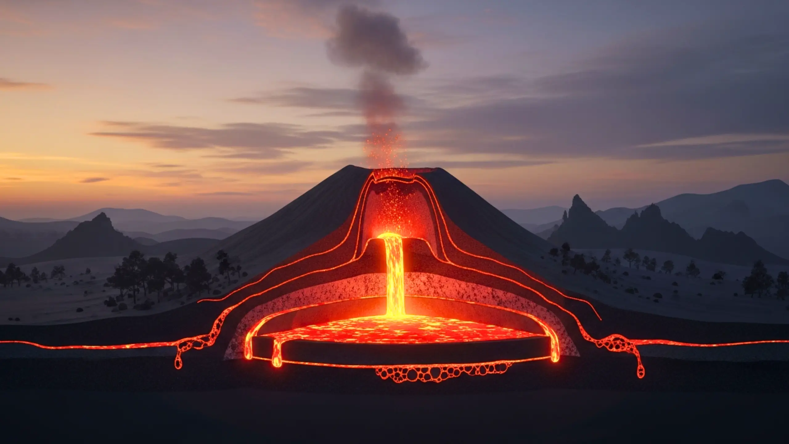 Schéma d’un volcan en coupe montrant la chambre magmatique, les conduits et la lave en éruption.