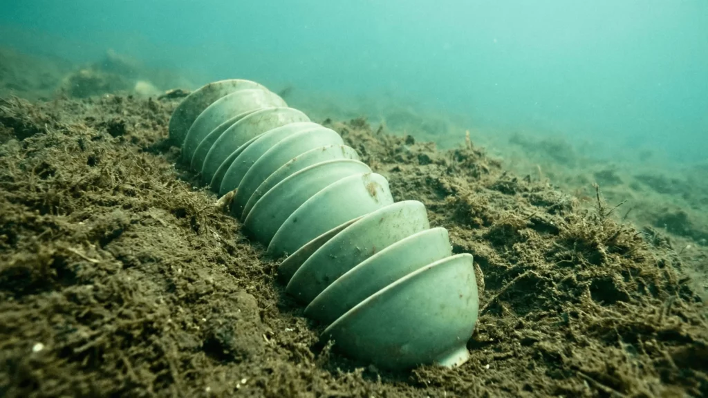 Rangée de bols anciens reposant sous l’eau, partiellement enfouis dans les sédiments et étonnamment bien conservés.