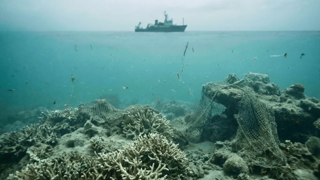 Récifs coralliens endommagés avec des filets fantômes sous l’eau et un navire visible en surface