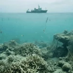 Récifs coralliens endommagés avec des filets fantômes sous l’eau et un navire visible en surface